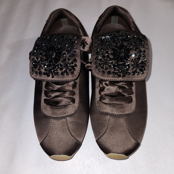 Jeffrey Campbell Shoes - Anthropologie Jeffrey Campbell Shelter Sneakers Brown Satin Black Beaded 10
